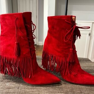 Aquazzura Red Suede Fringe Ankle Boots
